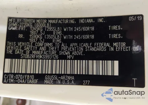 2019 Toyota Highlander Le z USA, uszkodzony, nr VIN 5TDBZRFH9KS993126